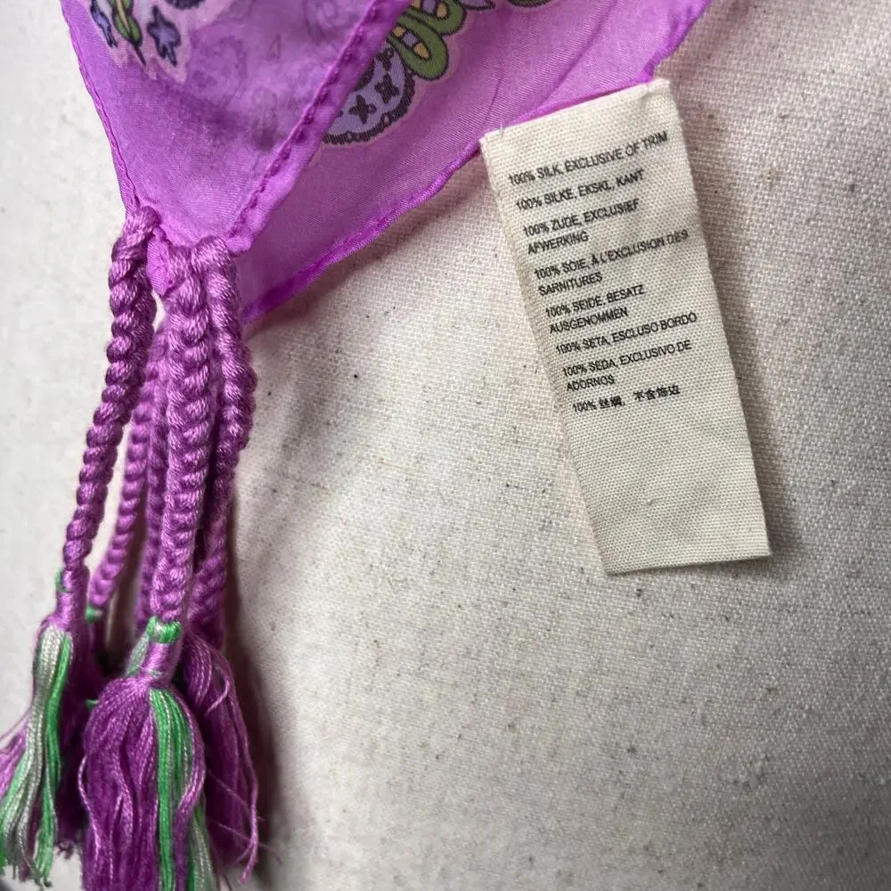 Johnny Was Silk Scarf Tassels Green Purple Floral Print Square 42x42 Bohemian